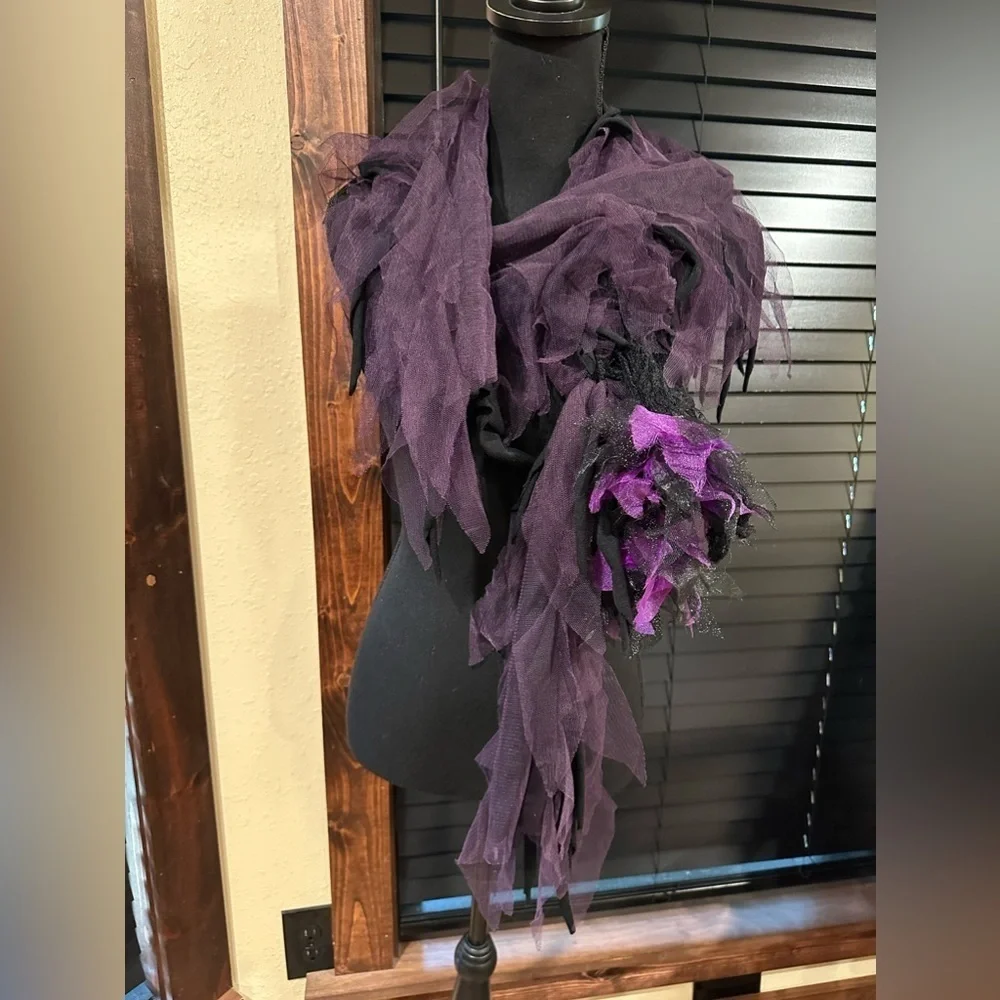 Gothic Black & Purple Tulle Shabby Chic Scarf Wrap Ruffle Flower Oversized Boho